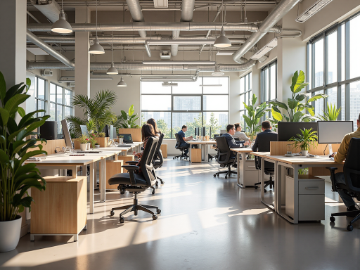 公司办公环境,现代化办公室内部,木质家具,绿色植物装饰,阳光透过窗户照射进来,营造温馨舒适的工作氛围