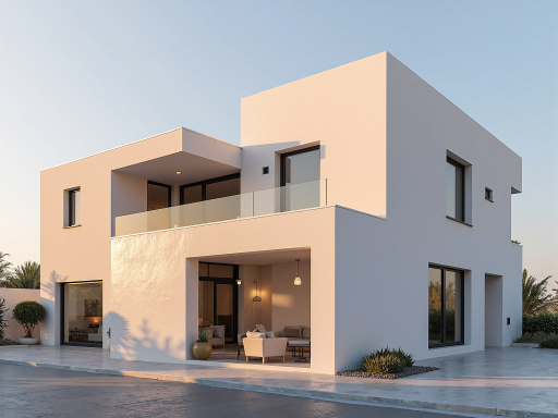 现代风格乡村别墅外观,两层楼高,白色外墙配灰色屋顶,大面积落地窗,前院绿化景观,阳光明媚的白天场景