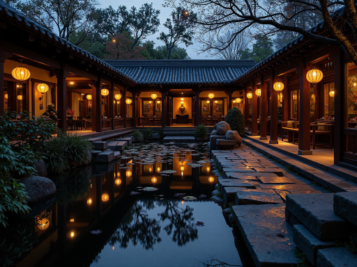 传统中式乡村住宅,青砖灰瓦,飞檐翘角,庭院布局,石径小路,绿植环绕,古朴典雅的建筑风格