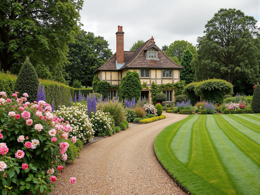 欧式风格乡村别墅,三层楼高,米色外墙配红色屋顶,拱形门窗,阳台栏杆装饰,花园景观,优雅大气的建筑外观