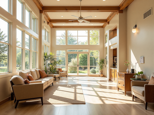 现代乡村住宅室内客厅,宽敞明亮的空间,落地窗采光,现代家具布置,温馨舒适的居住氛围