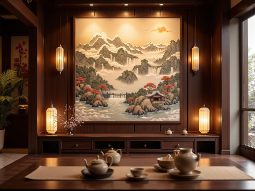 传统中式装修风格室内,红木家具,古典装饰品,雕花屏风,中式灯具,传统文化氛围浓厚的居住环境